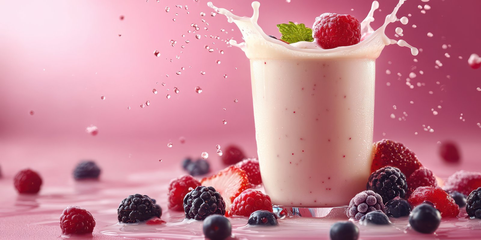 Fresh mixed berry smoothie splashing with vibrant colors on a soft pink background